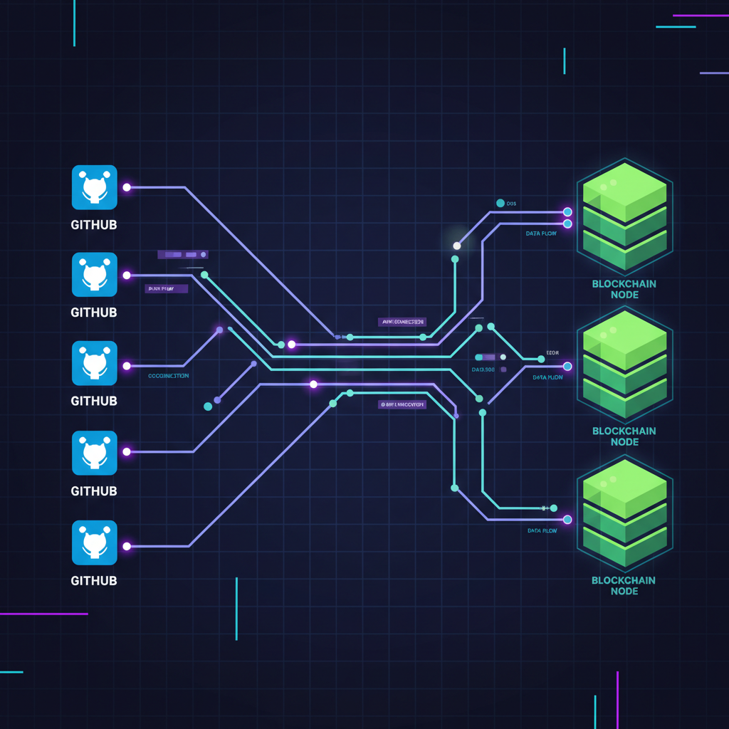 API connections linking GitHub icons to blockchain nodes, glowing data flows, cyberpunk aesthetic