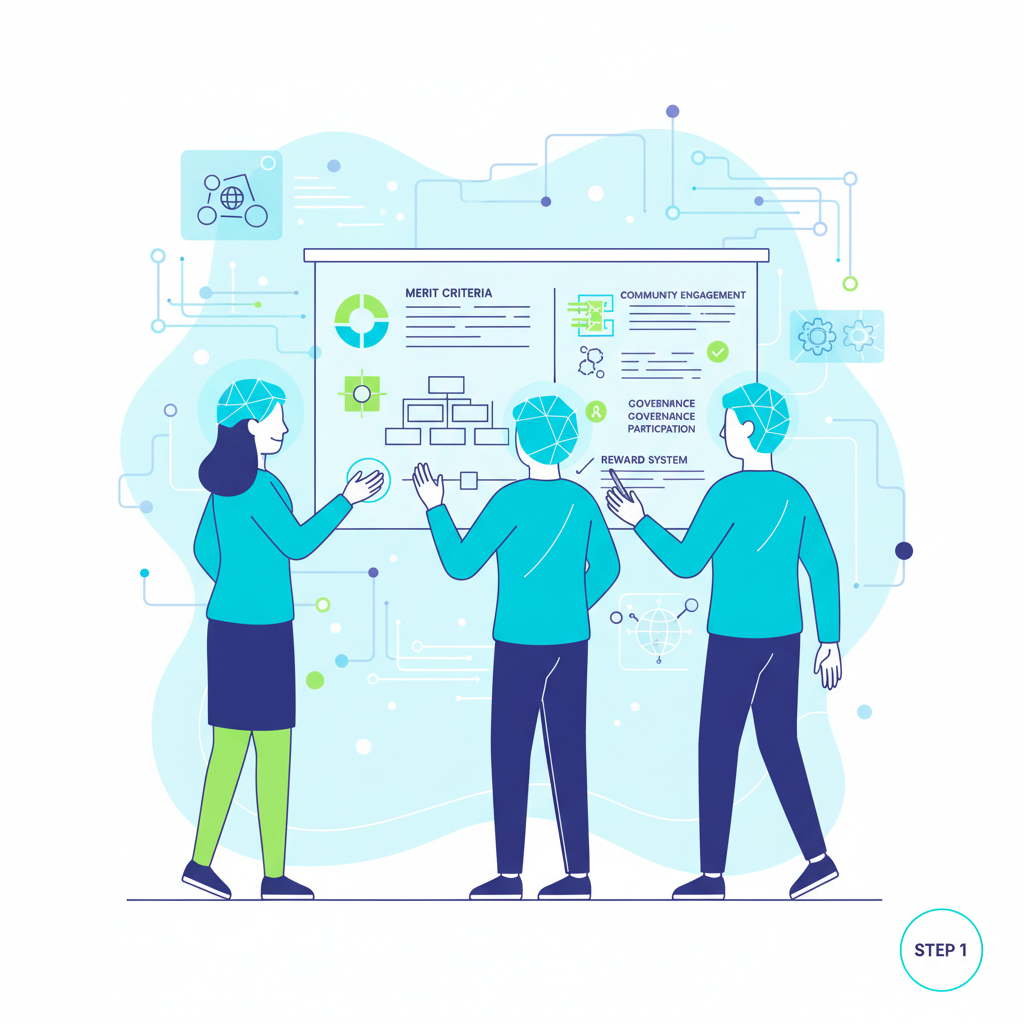 DAO team brainstorming merit criteria on whiteboard, futuristic web3 style, vibrant blues and greens