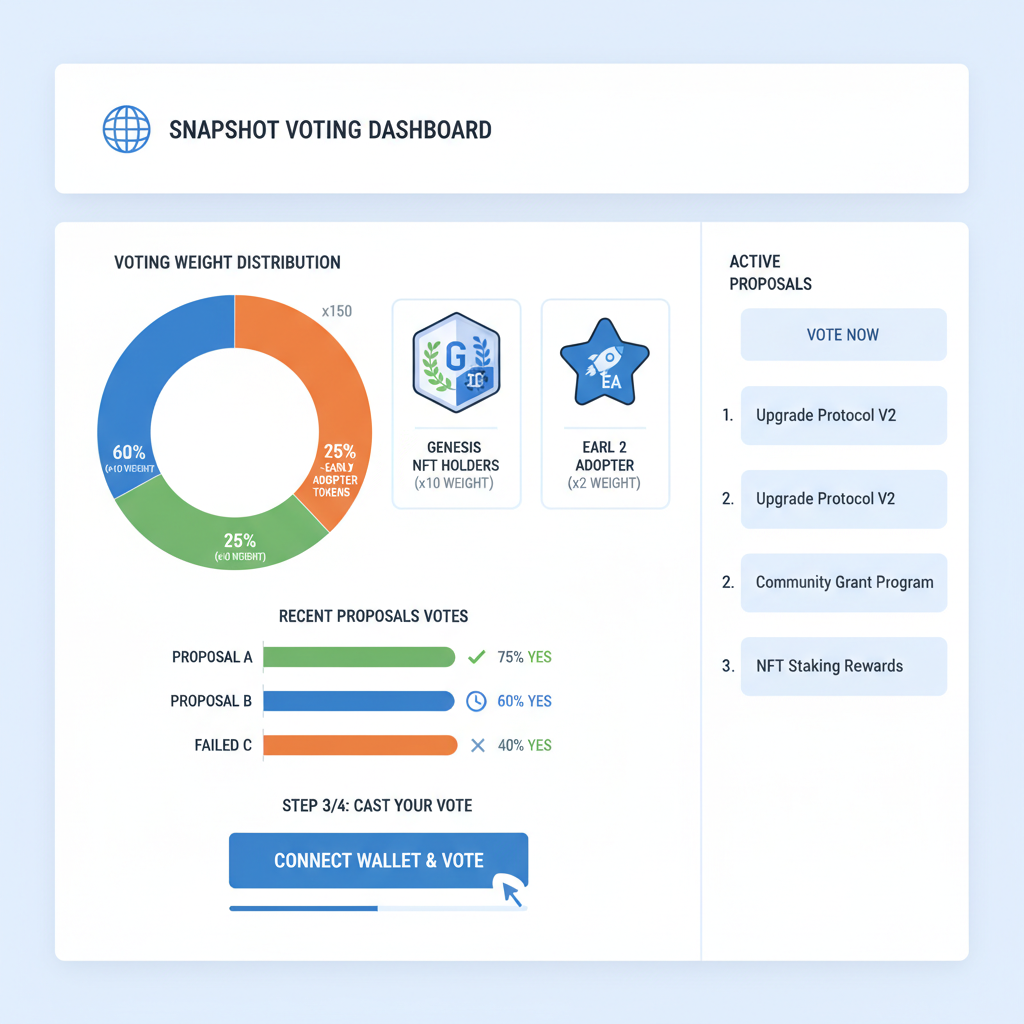 Snapshot voting dashboard showing NFT badges as voting weights, charts and graphs, modern UI design