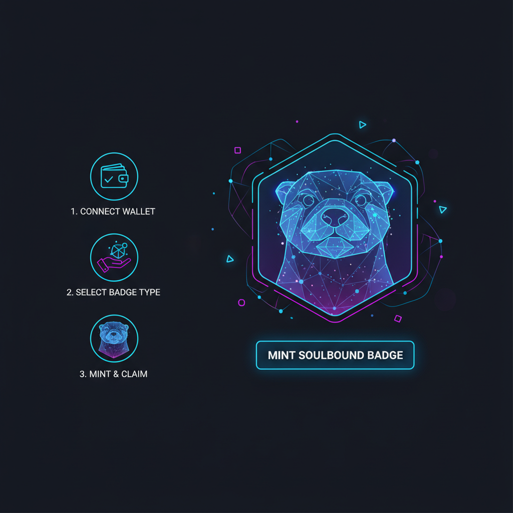 Minting soulbound NFT badge interface on Otterspace dashboard, holographic badge emerging, neon web3 art