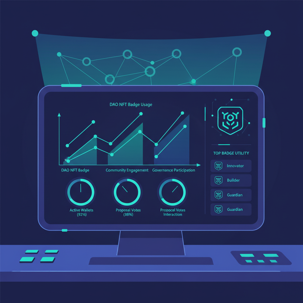 Analytics dashboard monitoring DAO NFT badge usage, rising graphs and metrics, data visualization sci-fi style