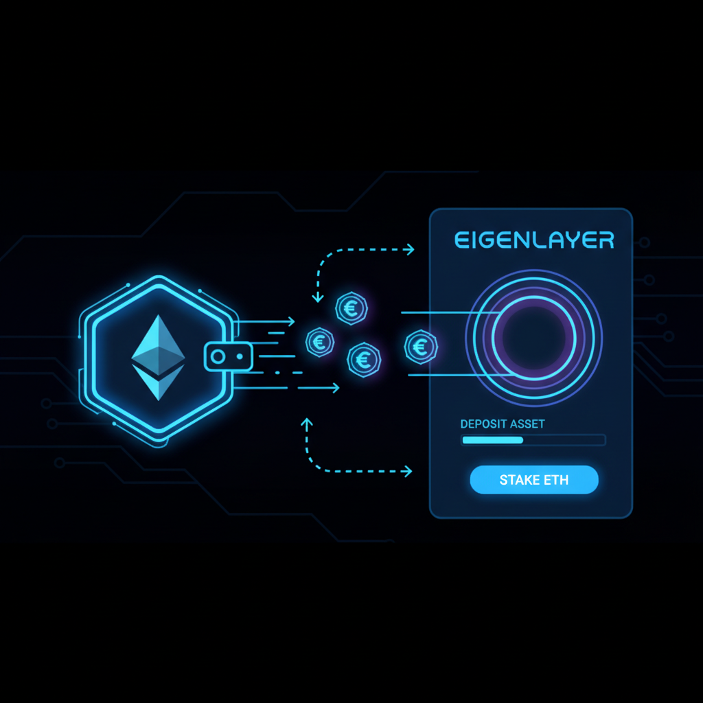 futuristic Ethereum wallet depositing glowing ETH coins into EigenLayer dashboard, neon blue cyberpunk style