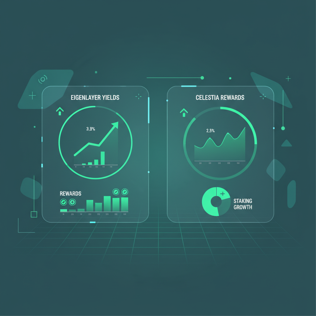 dashboard charts showing rising yields and rewards graphs for EigenLayer and Celestia, holographic data visualization, motivational green upward trends