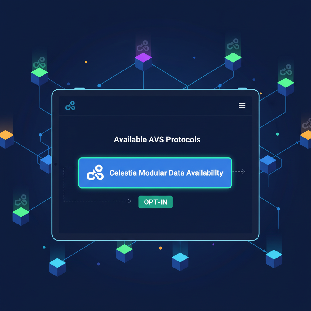 EigenLayer interface highlighting Celestia AVS opt-in button, interconnected blockchain nodes with Celestia logo, vibrant digital art