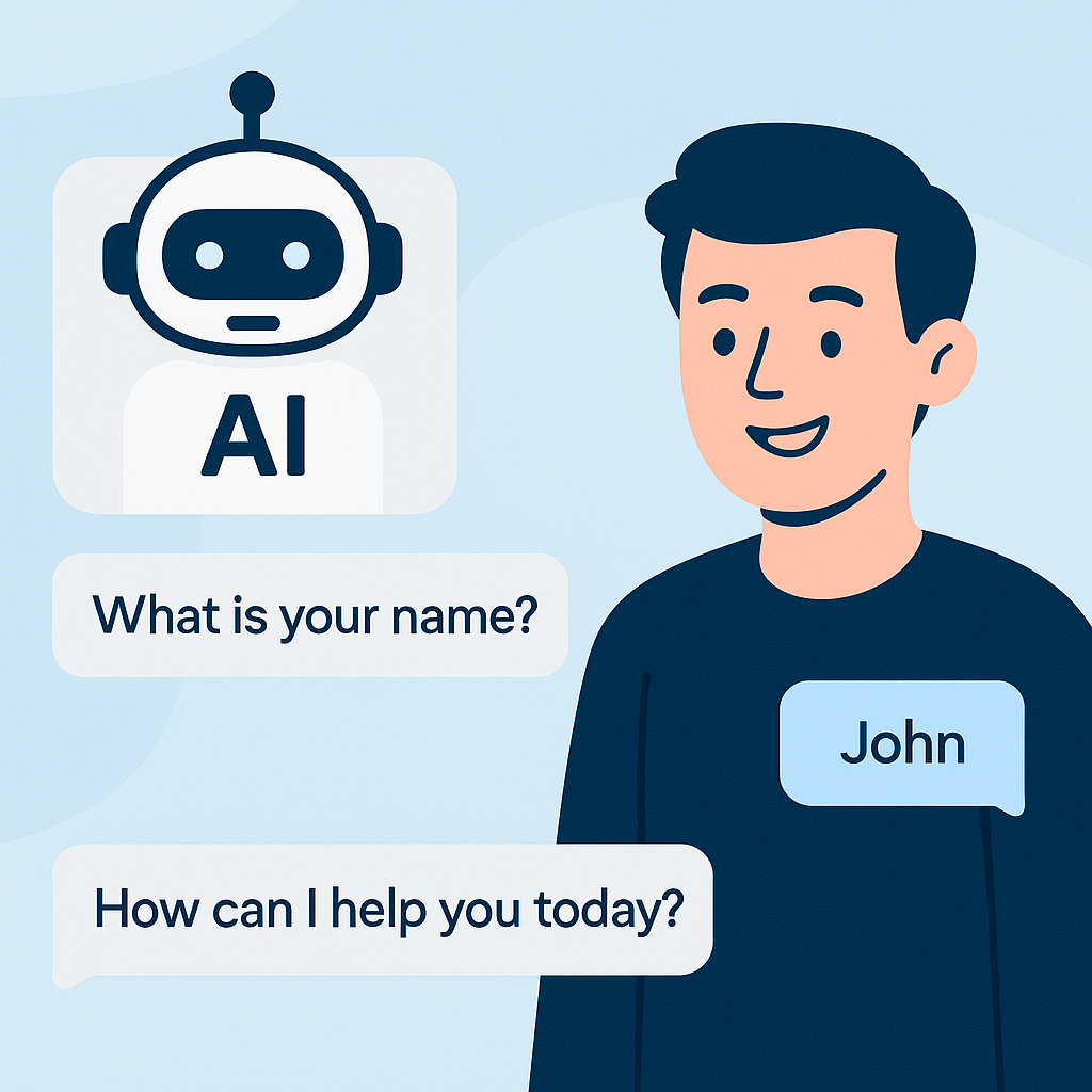 A chatbot interface with AI asking questions to a smiling user, digital background, modern style