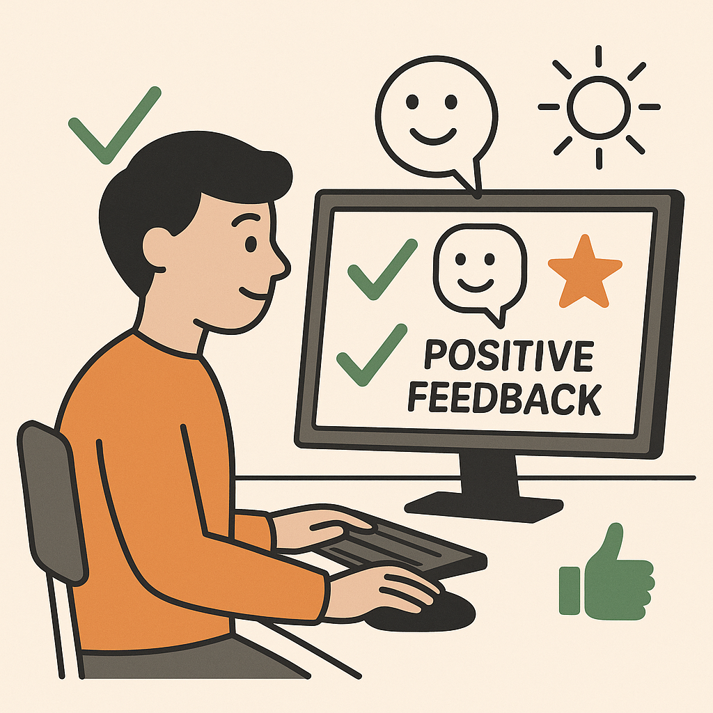 A user receiving positive feedback from an AI assistant on a screen, with checkmarks and encouraging visuals