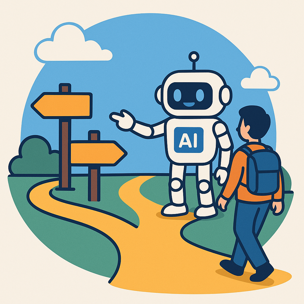 A branching path with signposts, an AI robot guiding a user down a personalized digital road, vibrant and welcoming