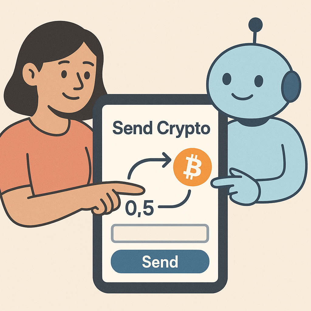 A user and AI assistant completing a simple crypto transaction on a digital device, clear and reassuring visuals