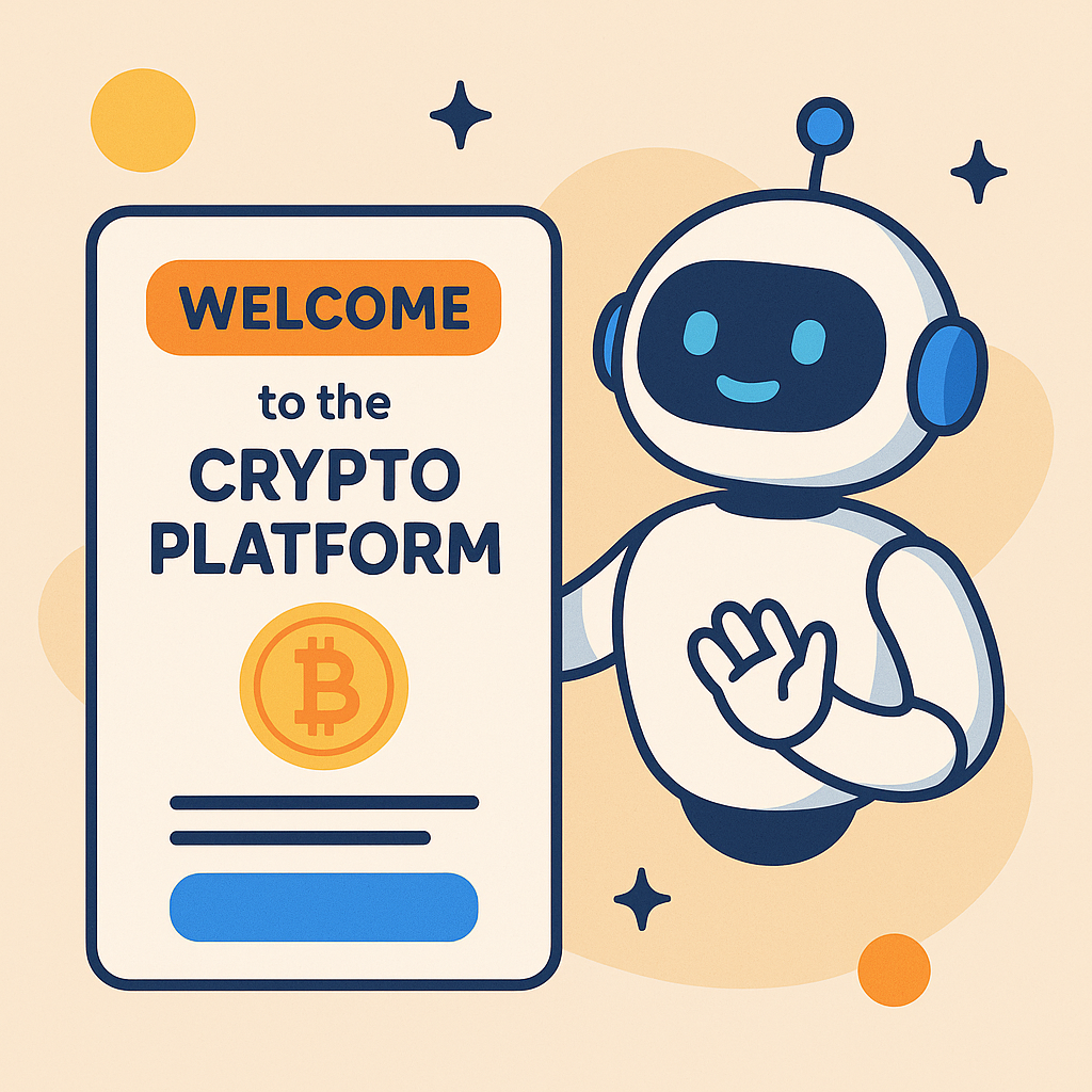 A friendly AI robot welcoming a new user to a digital crypto platform, with bright colors and a simple interface