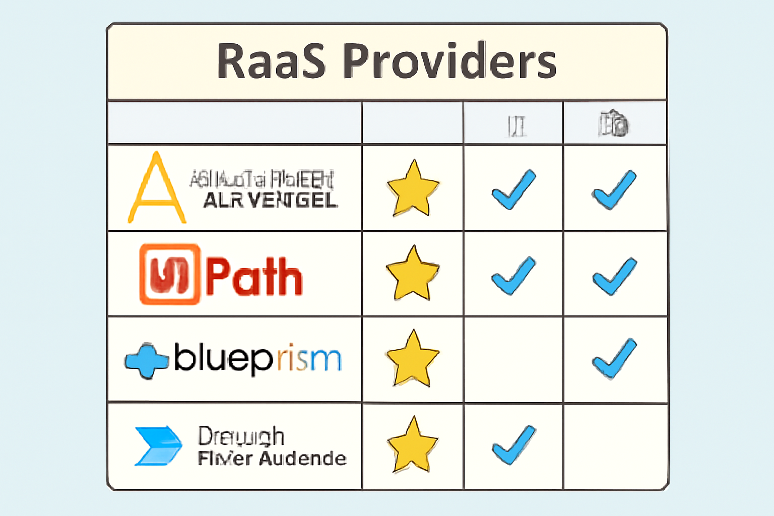 A comparison chart displaying different RaaS providers with highlighted features and logos.