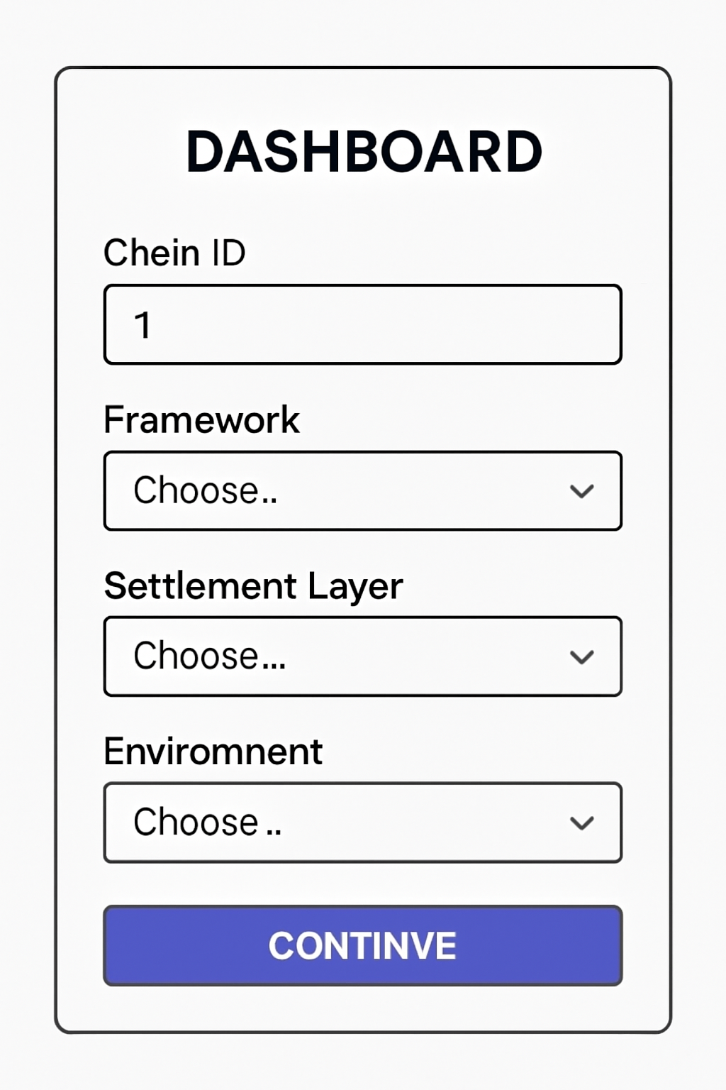A user interface mockup of a dashboard with fields for Chain ID, framework selection, settlement layer, and environment options.
