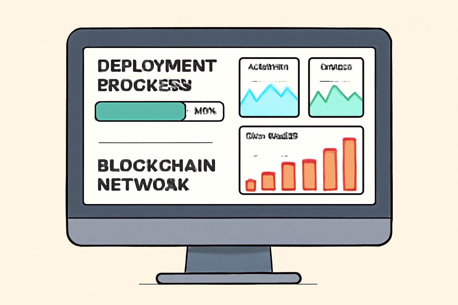 A computer screen displaying deployment progress and real-time monitoring graphs for a blockchain network.