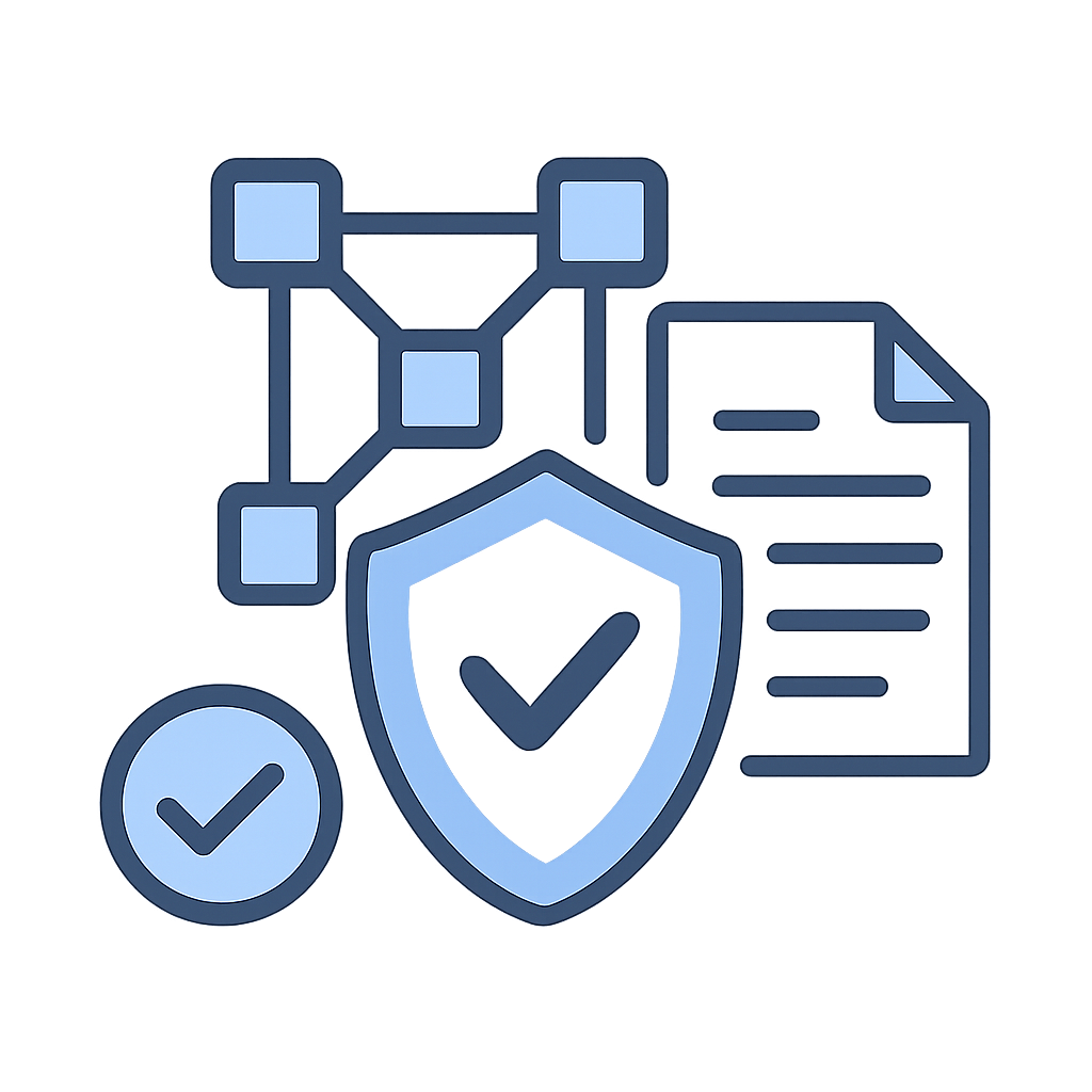 A shield icon overlaying a blockchain network, with checkmarks and audit documents nearby.