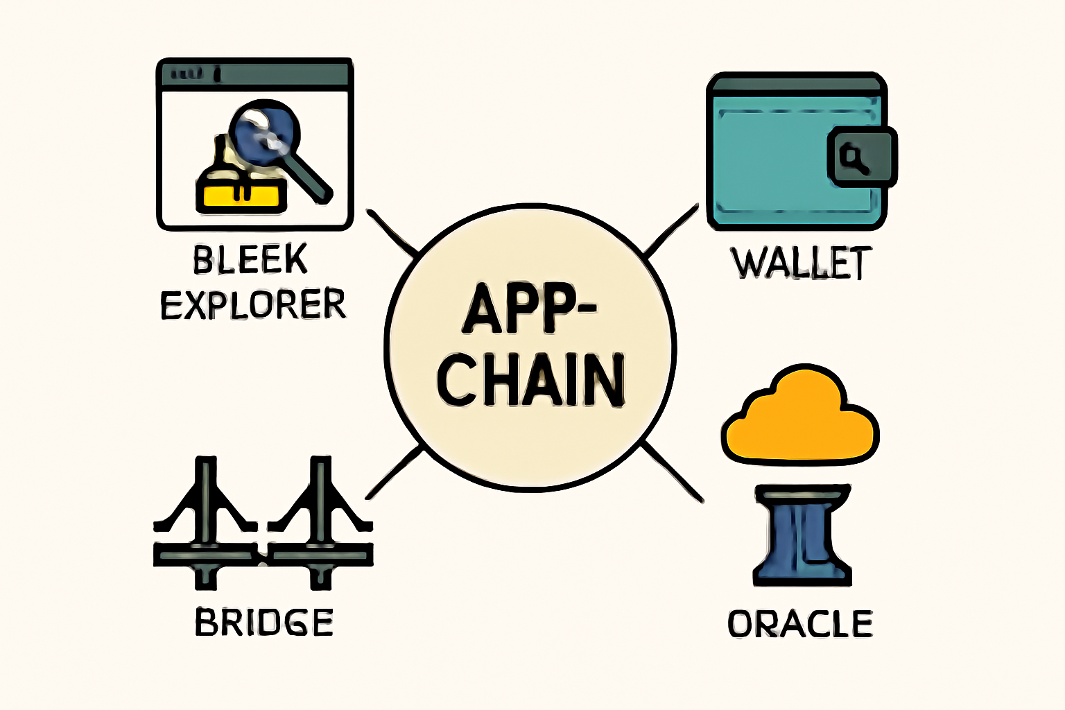 A connected network of icons: block explorer, wallet, oracle, and bridge, all linking to the central app-chain.