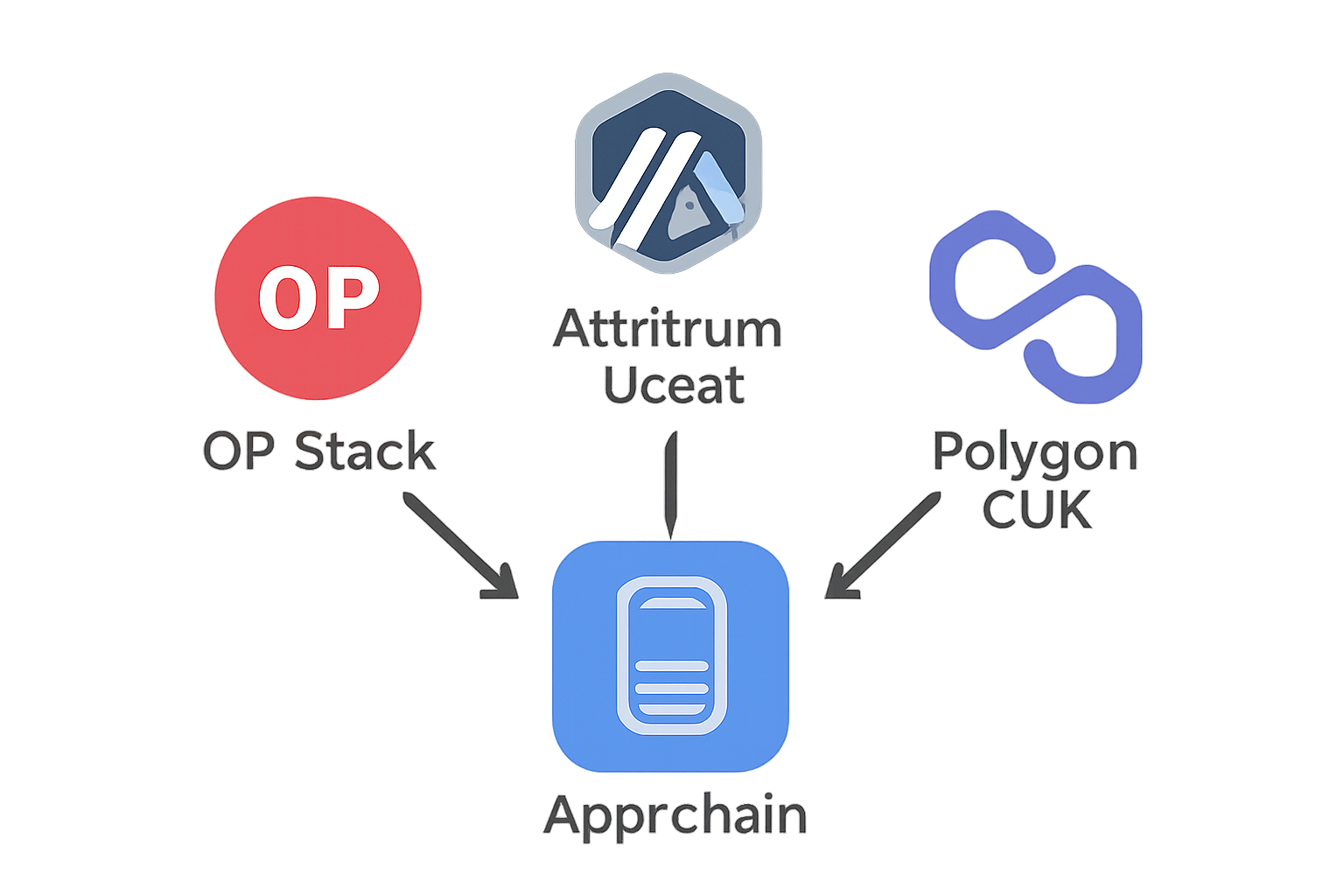 Icons representing different rollup frameworks (OP Stack, Arbitrum Orbit, Polygon CDK) branching from a central app-chain.