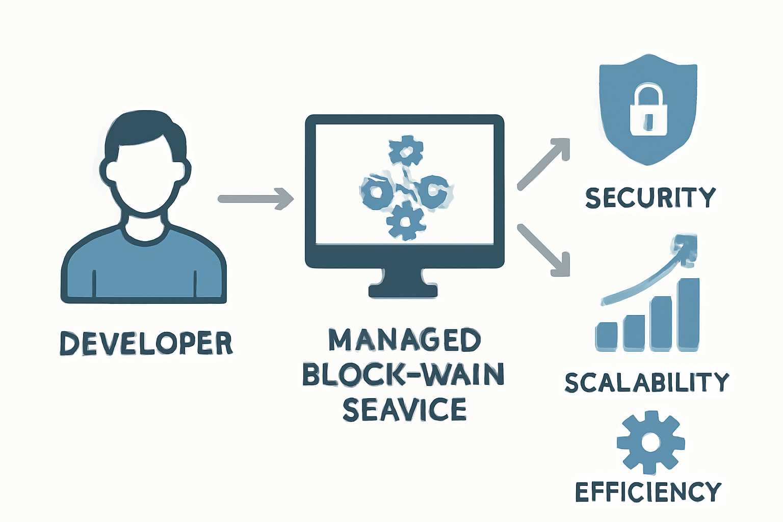 A simplified diagram showing a developer connecting to a managed blockchain service, with icons representing security, scalability, and efficiency.