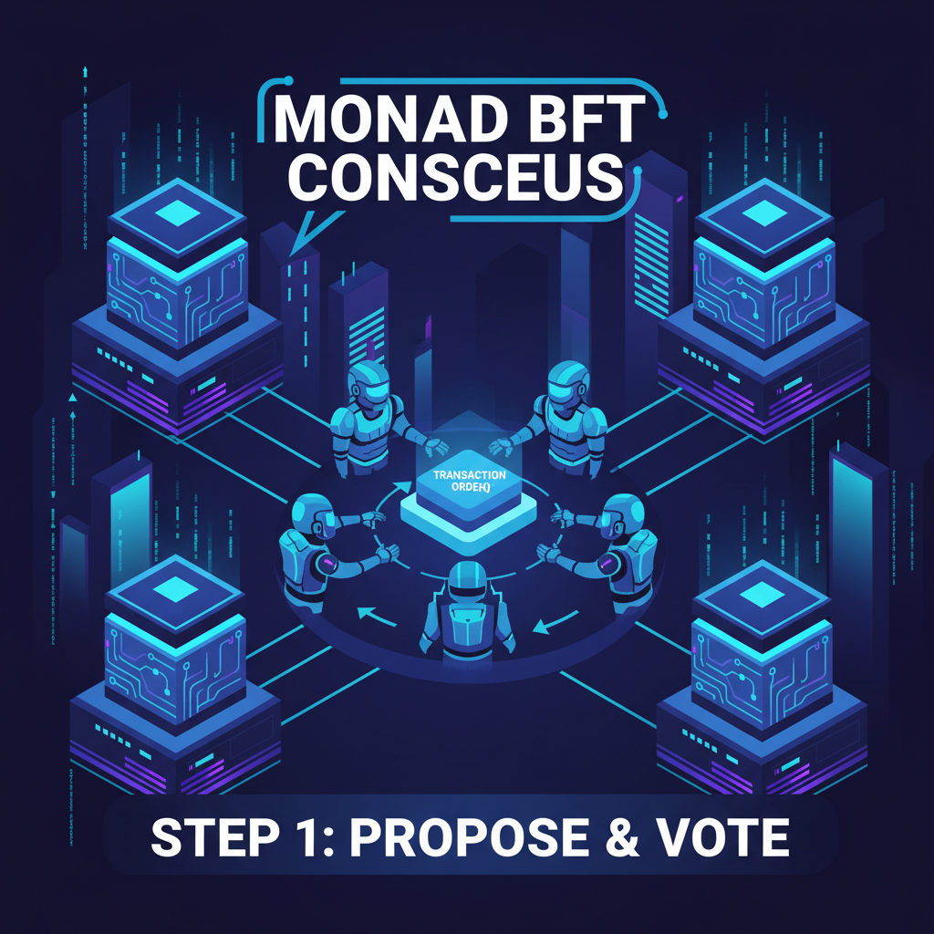 validators in network reaching consensus on tx order, MonadBFT diagram, cyberpunk blockchain nodes