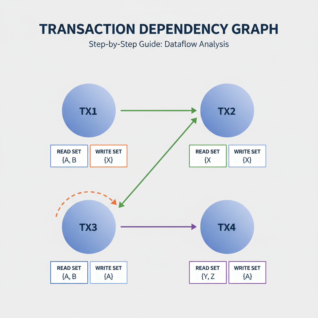 transaction graph with read/write sets, dependency arrows between tx nodes, analytical flowchart