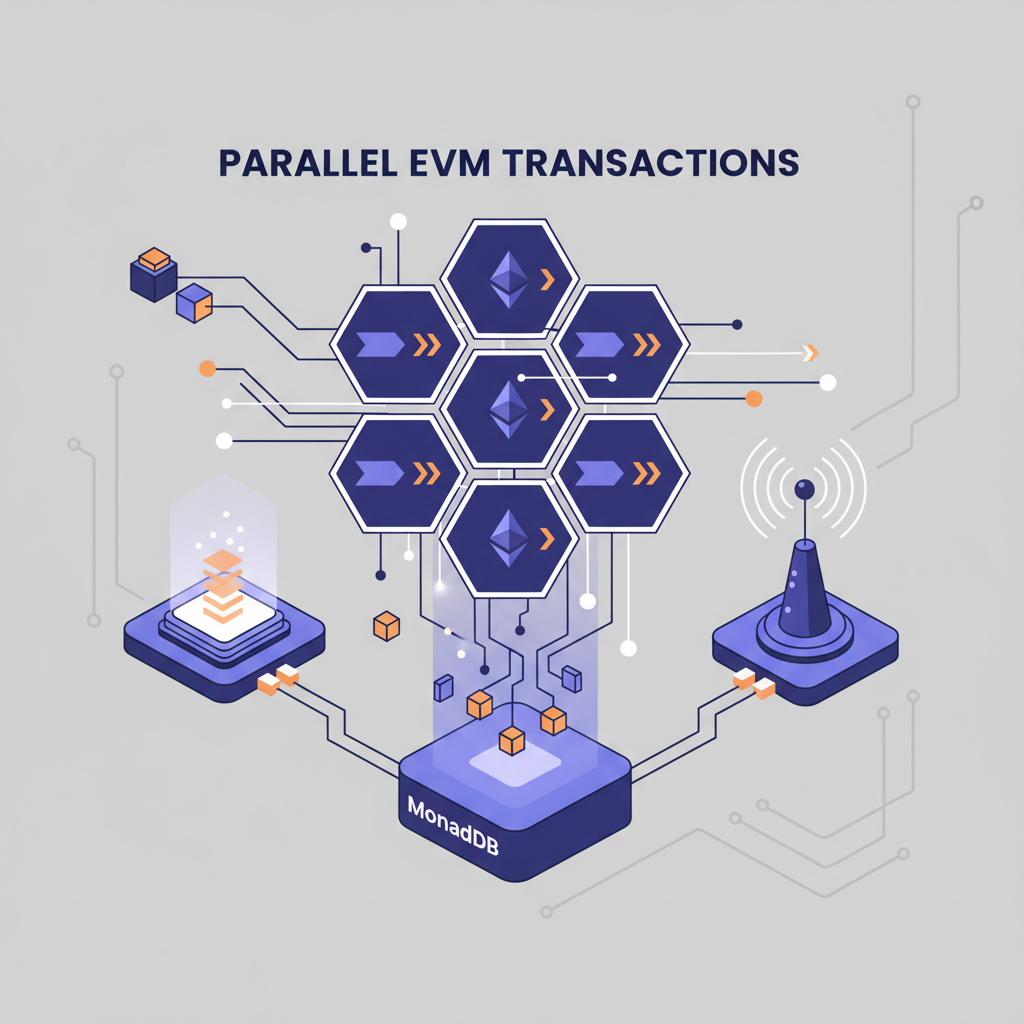 multi-core CPU executing EVM transactions in parallel, MonadDB database glowing, futuristic hardware