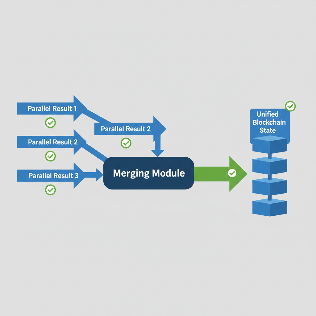 parallel results merging into unified blockchain state, seamless integration diagram, green checkmarks
