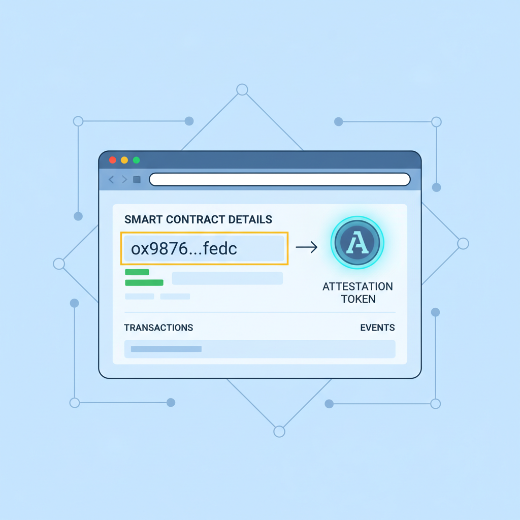 blockchain explorer highlighting smart contract address, glowing attestation token