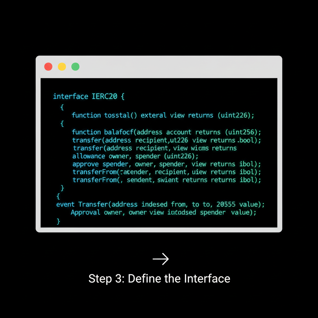 Solidity code snippet interface definition, code glowing on dark terminal