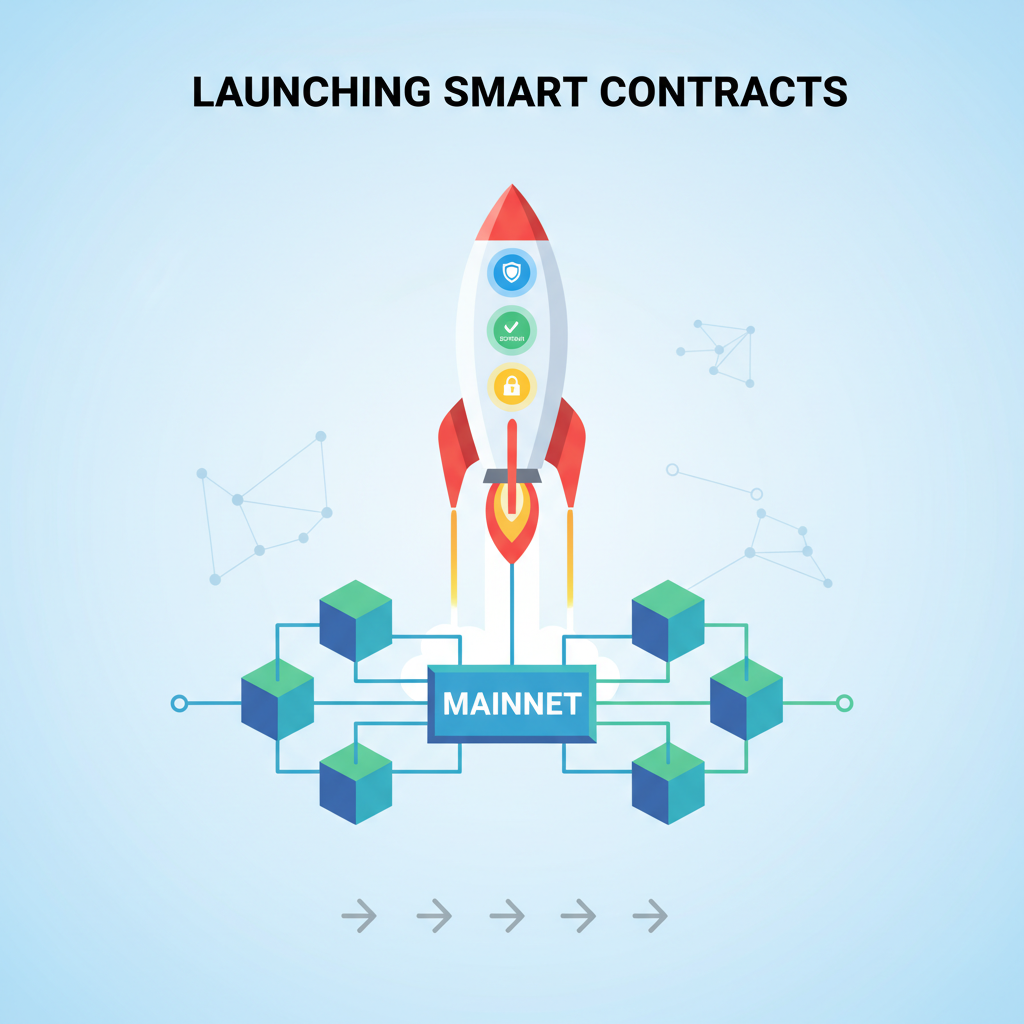 rocket launching from blockchain mainnet, compliance badges shining