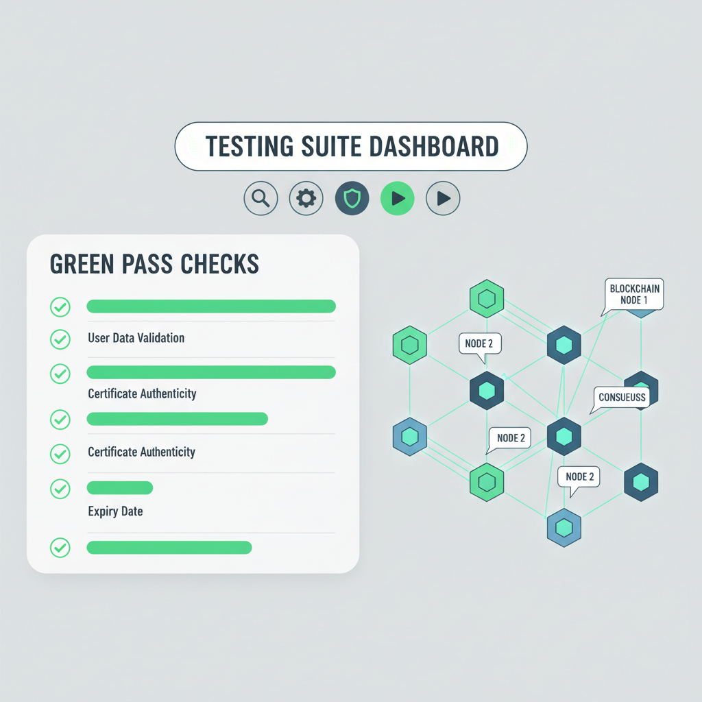 testing suite dashboard with green pass checks, blockchain nodes connecting