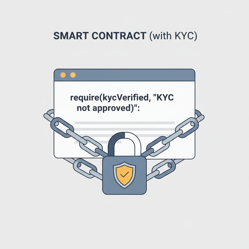 smart contract code with KYC require statement, locks and chains graphic