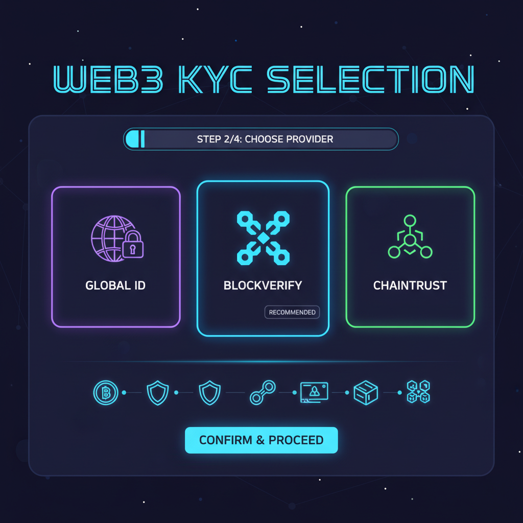 sleek dashboard selecting Web3 KYC provider, neon blockchain icons, futuristic UI