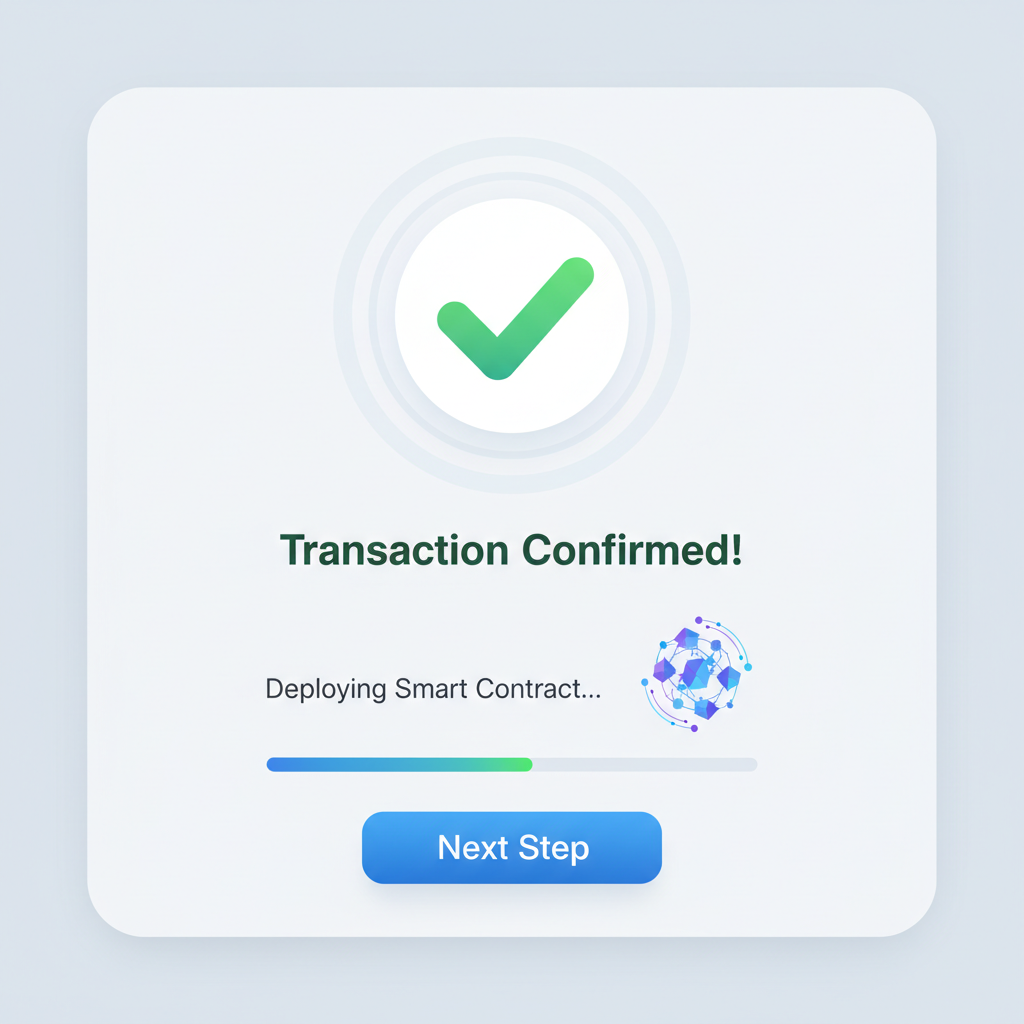 transaction confirmation screen, green checkmark, smart contract deploying animation
