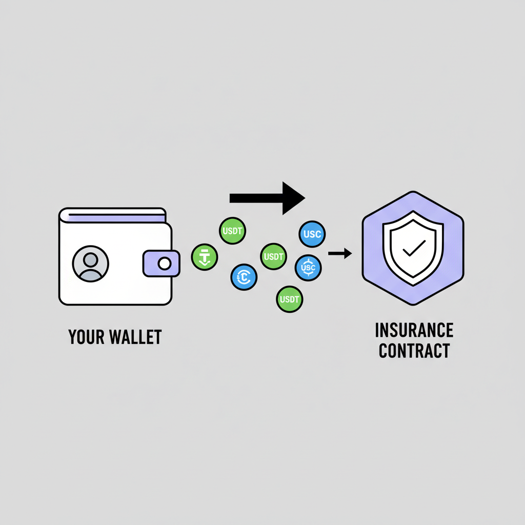wallet transferring USDT USDC to insurance contract, stablecoin icons flowing