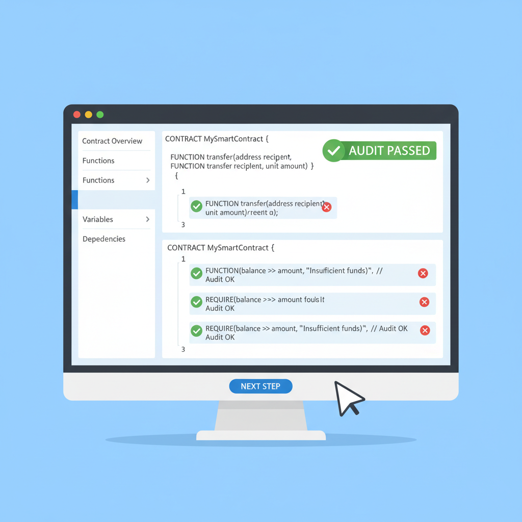 smart contract code viewer on screen, legal document style, audit checkmarks