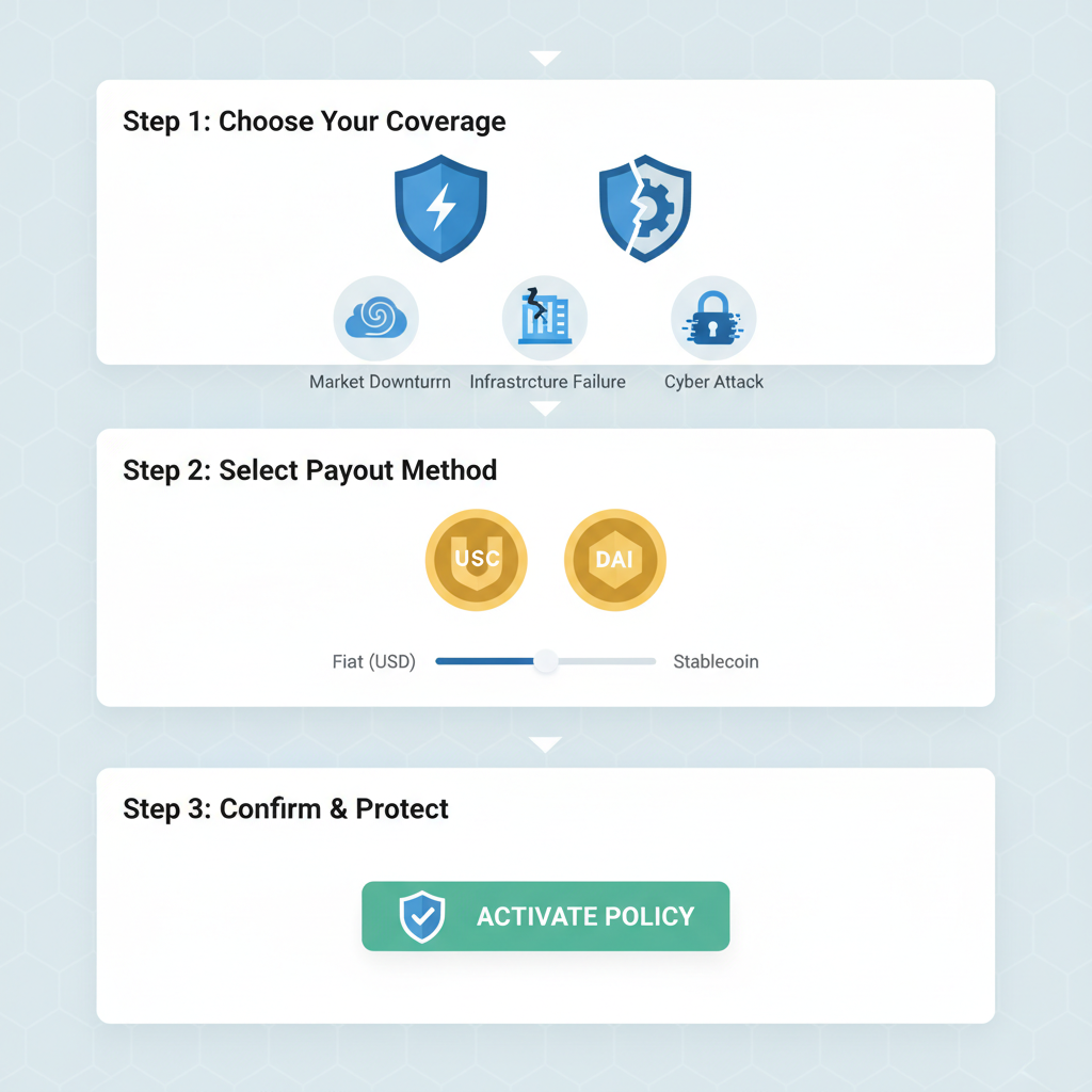 insurance coverage selection interface, shields icons for disruptions, stablecoin symbols