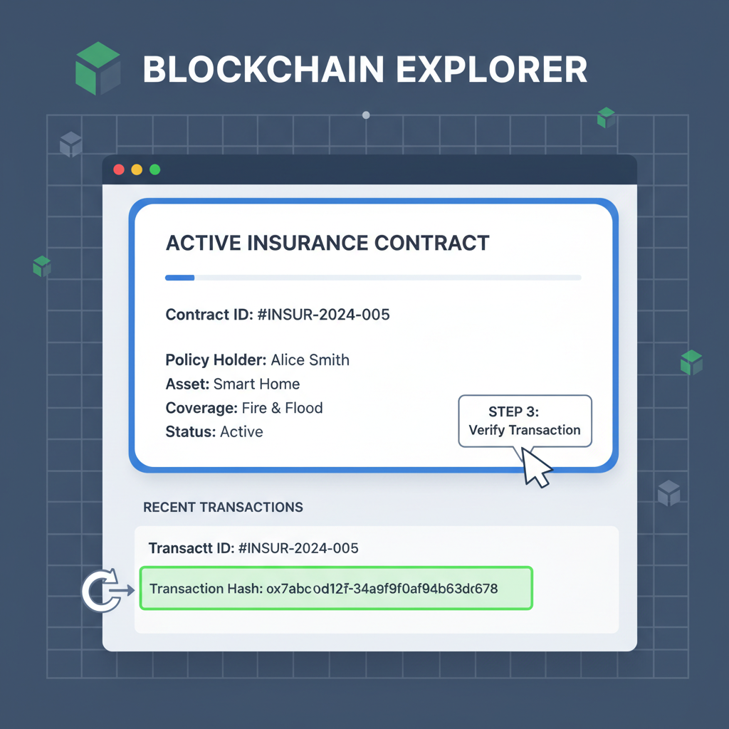 blockchain explorer screen showing active insurance contract, transaction hash highlighted