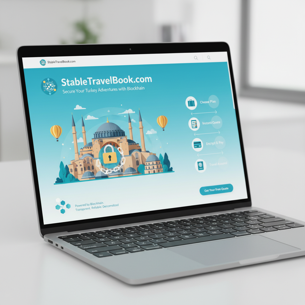 sleek laptop screen displaying StableTravelBook.com homepage with Turkey travel insurance theme, blockchain elements, modern UI