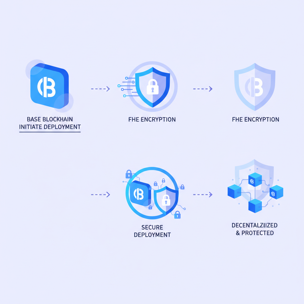 blockchain deployment animation with Base logo and FHE encryption shield