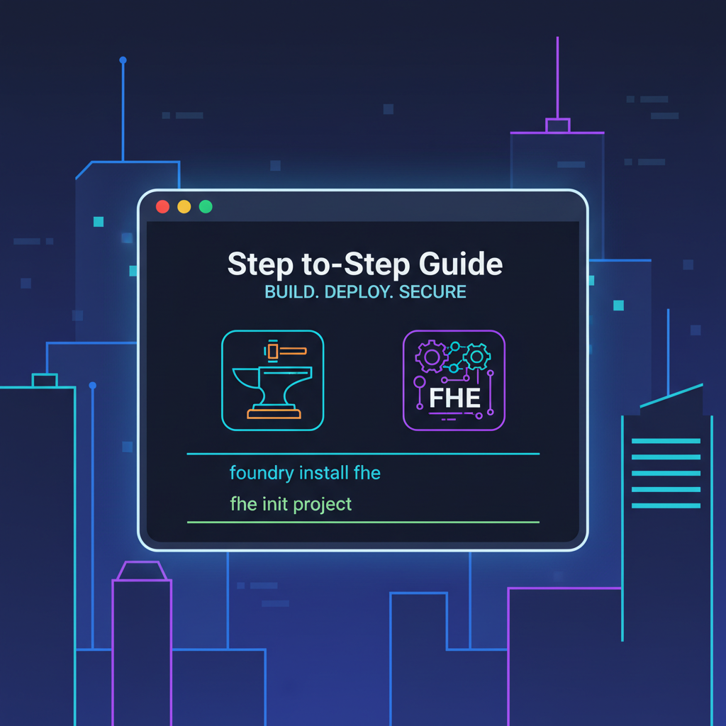 sleek developer terminal with Foundry and FHE icons, neon cyberpunk style