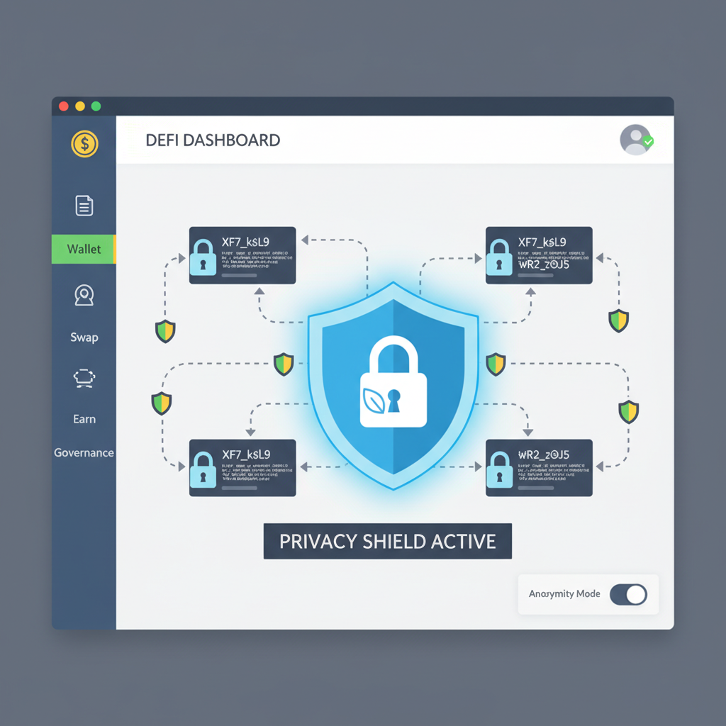 DeFi dashboard showing encrypted token transfers, privacy shield active