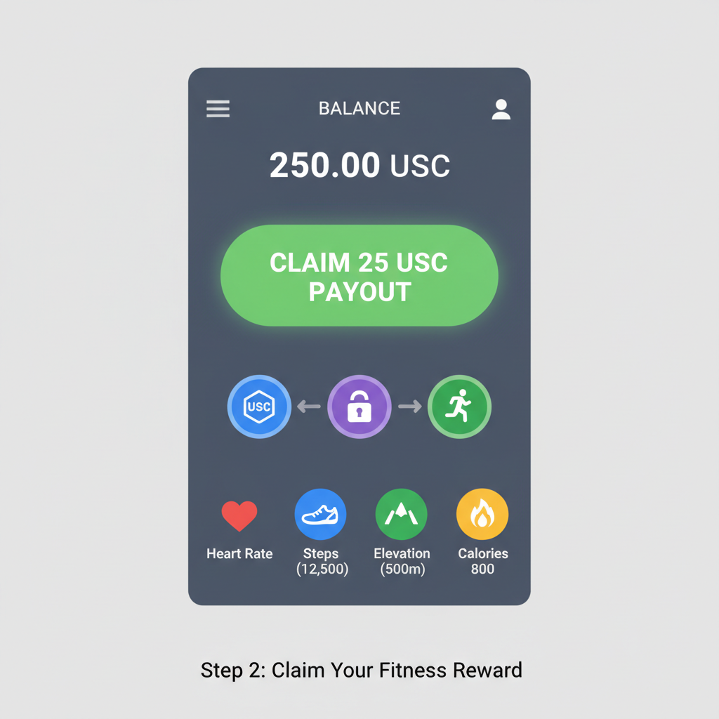 mobile wallet screen showing USDC payout claim button, stablecoin transfer animation, fitness data icons