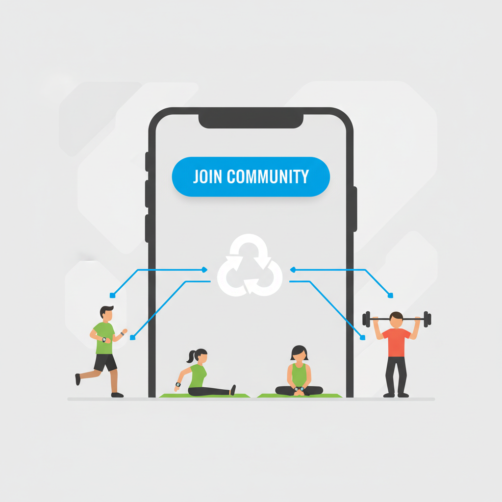 join community button on app, diverse people exercising with fitness trackers, data flow to union graphic