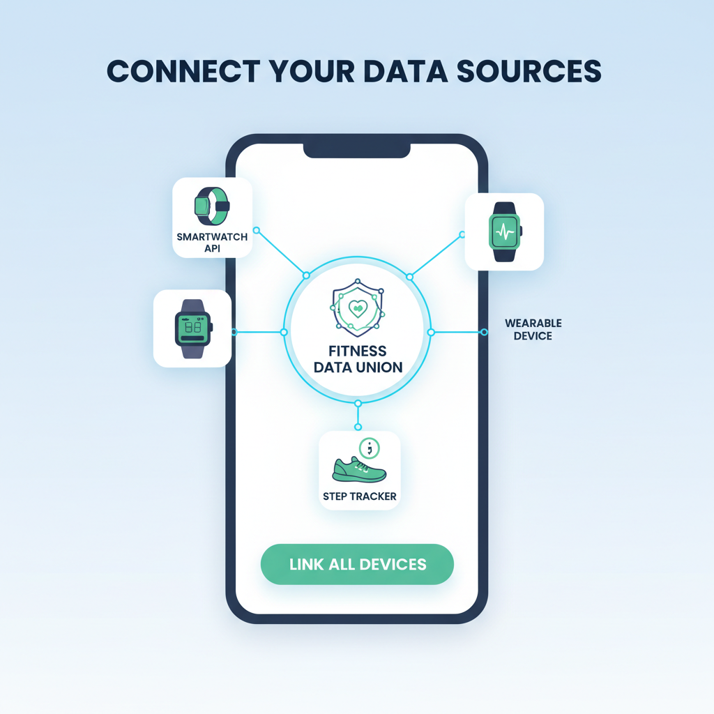 app screen linking smartwatch API to fitness data union, wearable device icons connected by digital lines