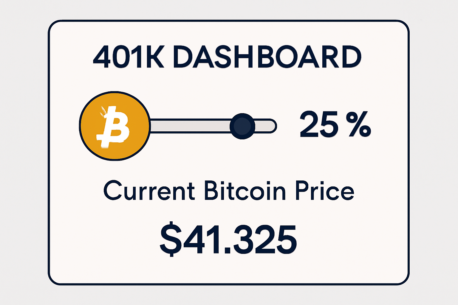 401K dashboard screen showing allocation slider with Bitcoin logo, percentage selection, and current Bitcoin price displayed