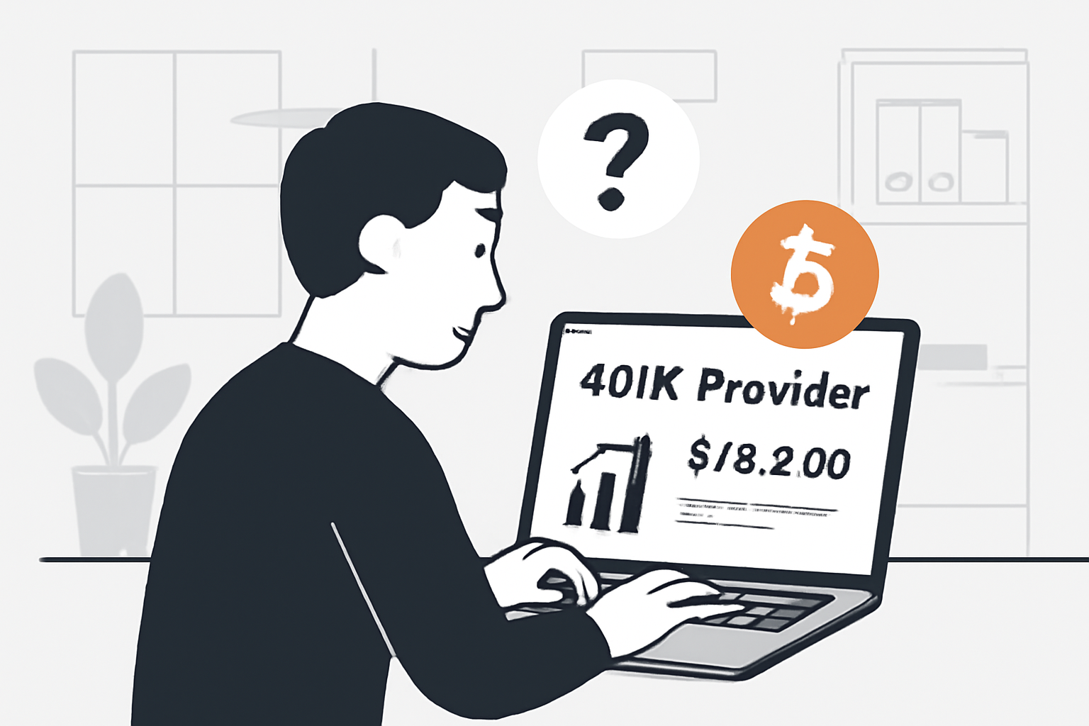 A person checking a 401K provider dashboard on a laptop, with a question mark and a Bitcoin symbol, office setting, modern UI