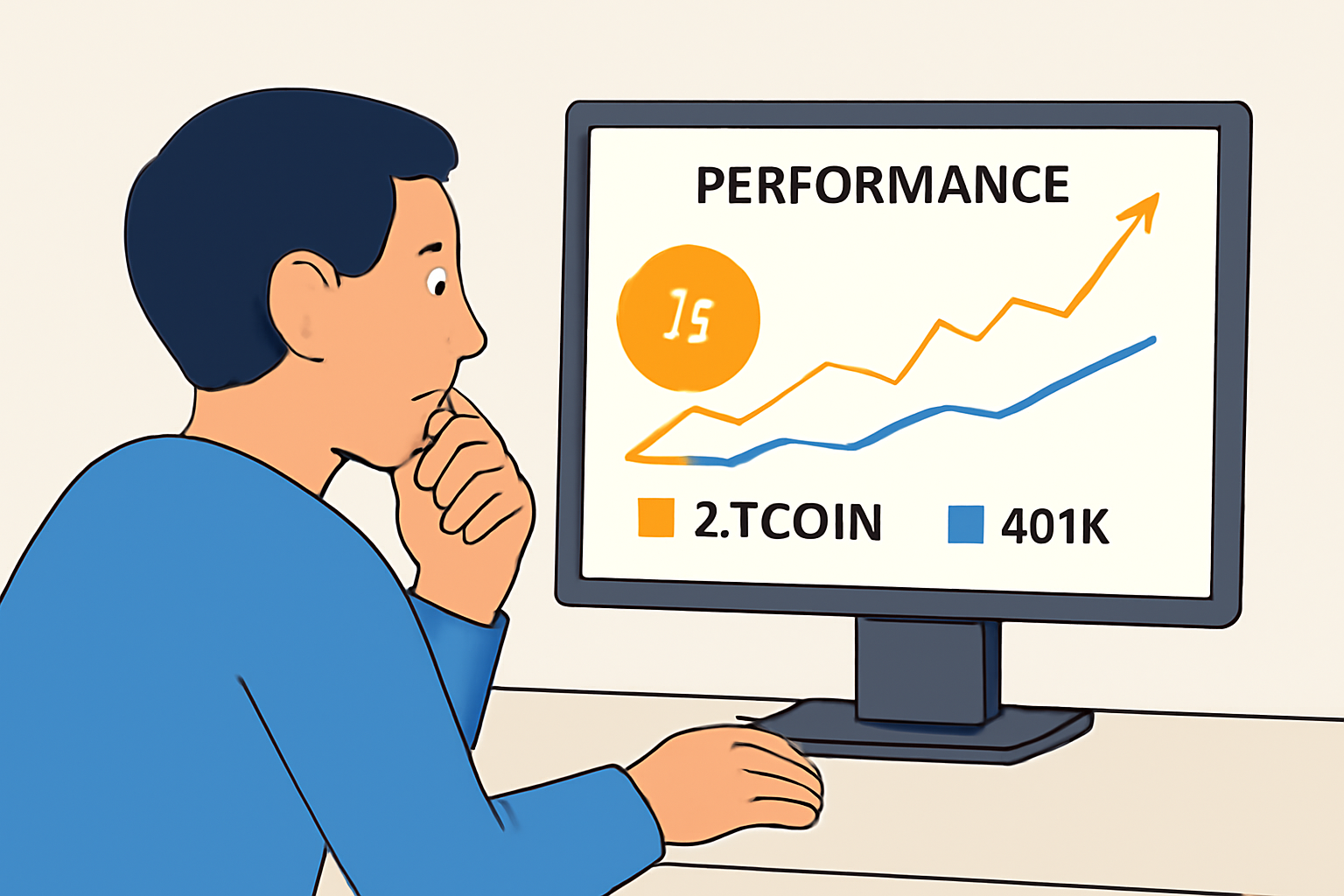 Person reviewing a performance chart with Bitcoin and 401K graphs on a computer screen, thoughtful expression