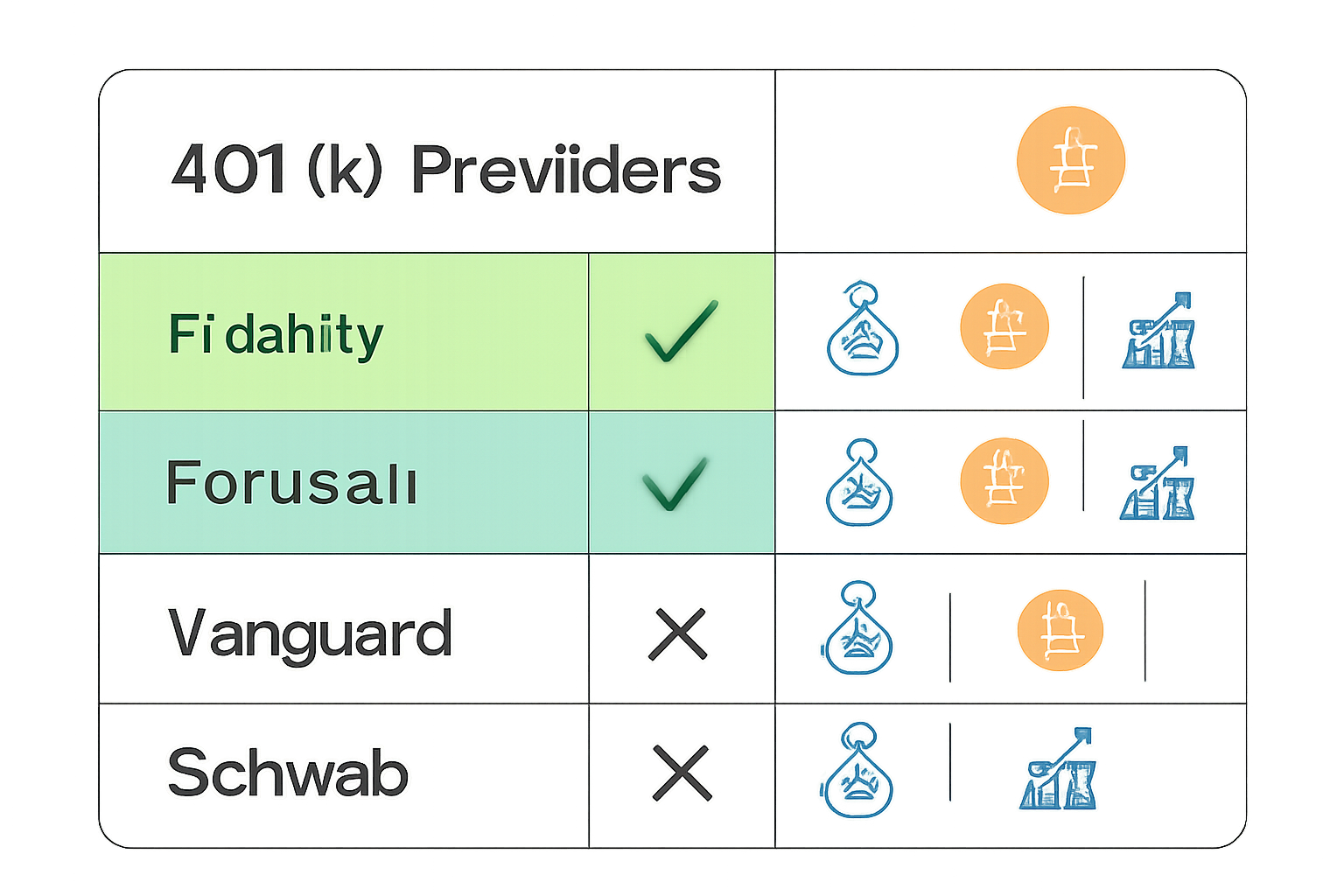 Comparison chart of 401K providers with Bitcoin logos, highlighting Fidelity and ForUsAll, digital interface, clear icons