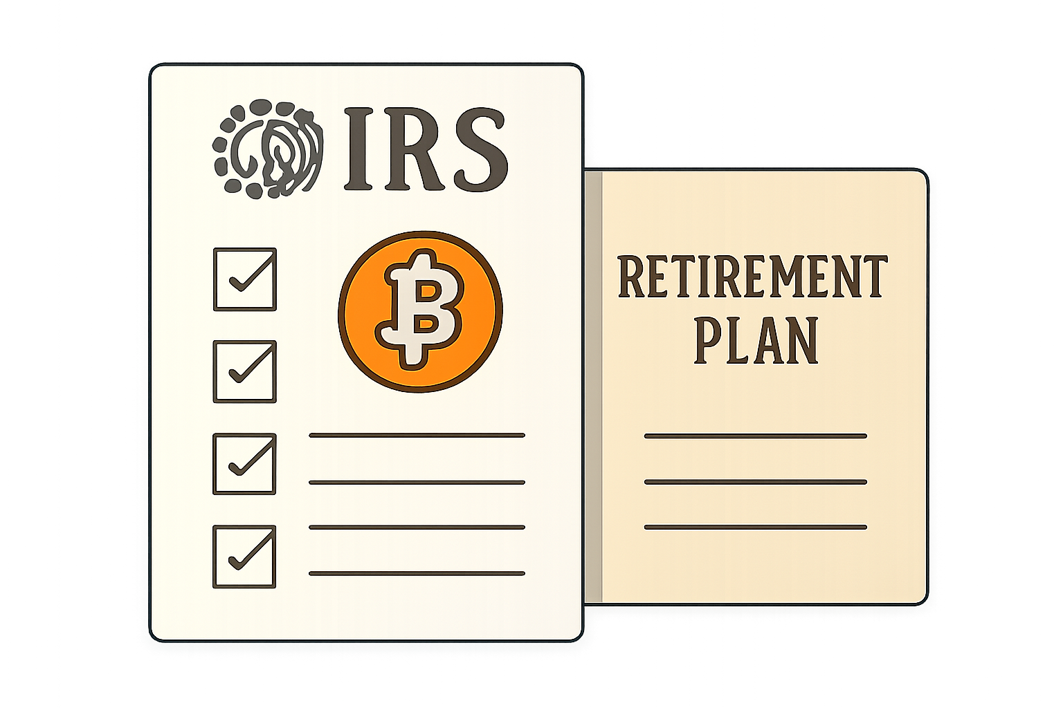A document with IRS logo, checklist, and Bitcoin symbol, next to a retirement plan booklet, clean and informative