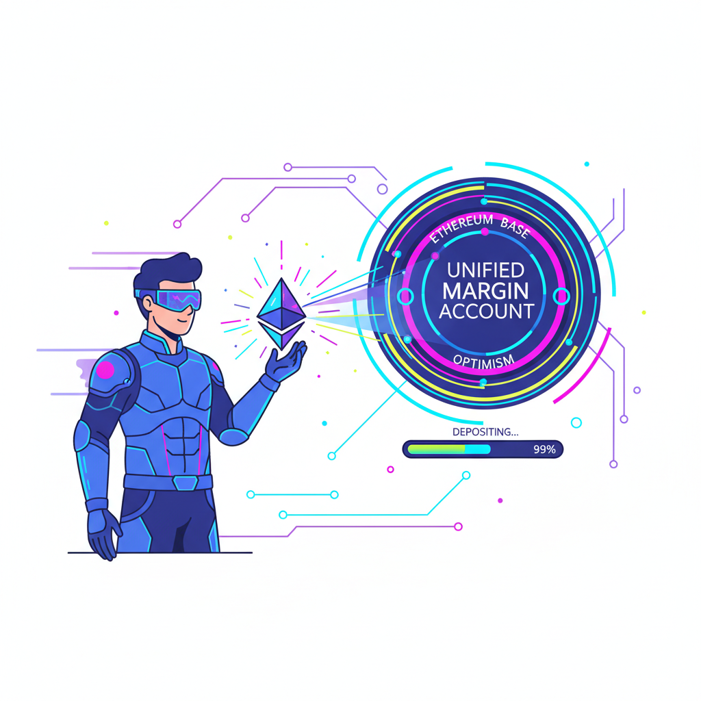 futuristic trader depositing ETH into glowing unified margin account on Ethereum Base Optimism chains, neon cyberpunk style, dynamic energy beams