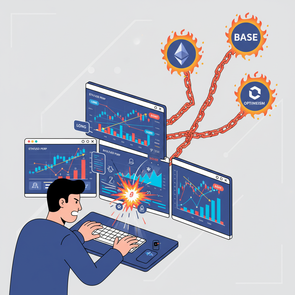 aggressive trader opening multiple perp positions across Ethereum Base Optimism chains, charts exploding with longs shorts, fiery cross-margin links connecting