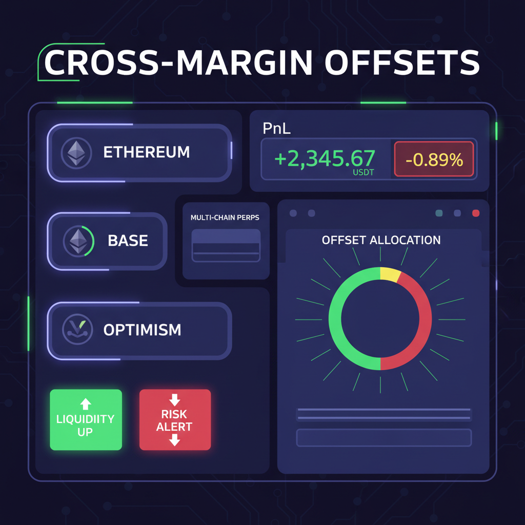 intense dashboard monitoring cross-margin offsets PnL on multi-chain perps Ethereum Base Optimism, alerts flashing green red, high-tech surveillance vibe